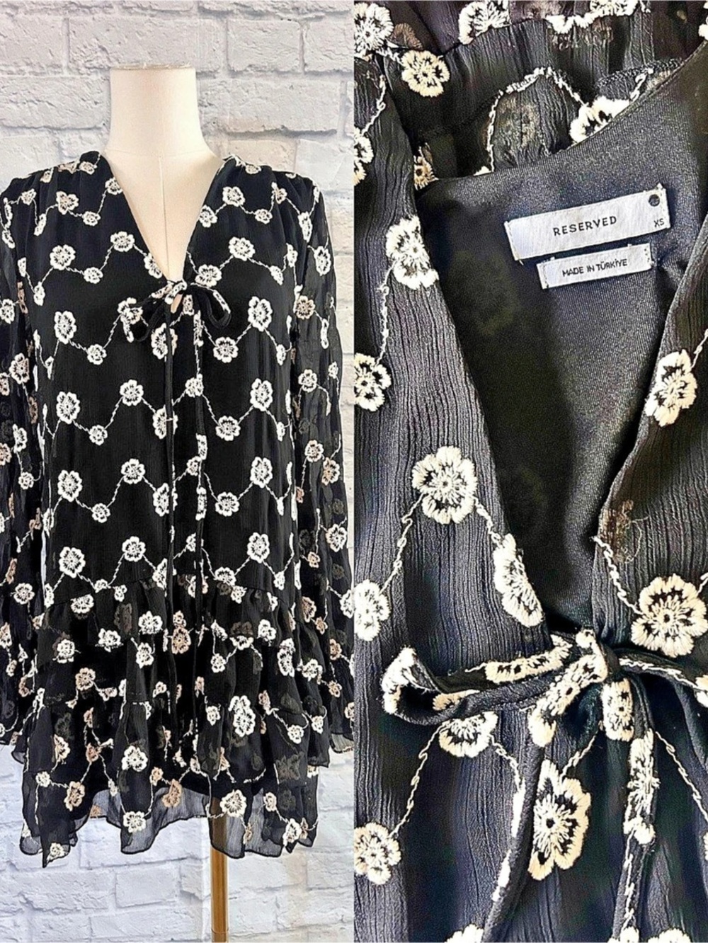 Embroidered Black Cream Mini Dress Tunic Floral Fall Winter Whimsigoth